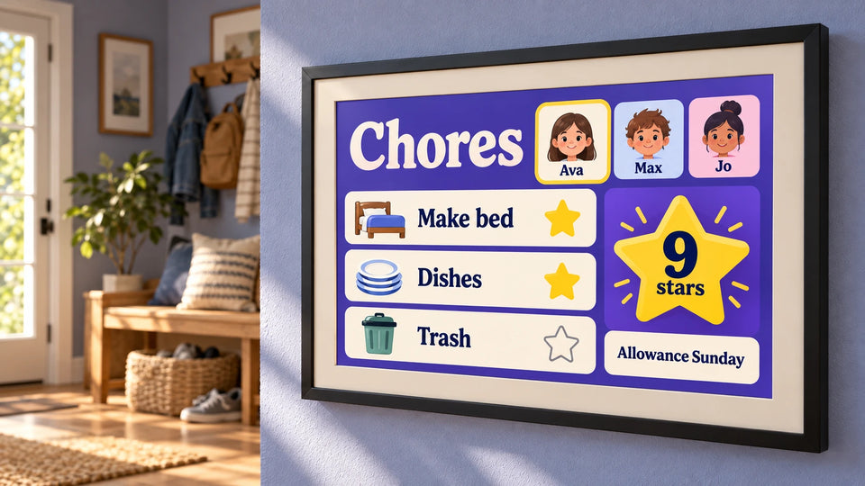 A photo frame showing a chore chart with jobs and stars for three kids