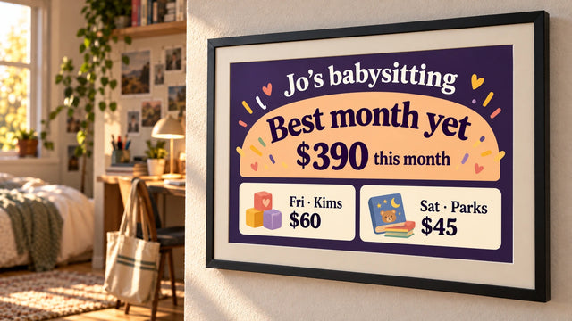 A photo frame on a wall showing the Babysitting log page