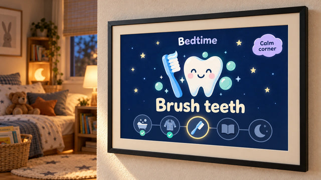 A photo frame on a wall showing the Bedtime routine page