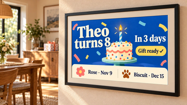 A photo frame on a wall showing the Birthdays page