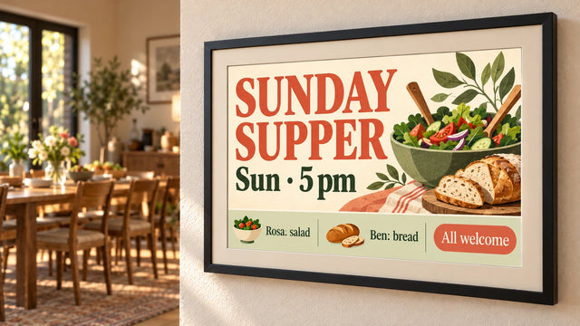 A photo frame on a wall showing the Bulletin board page