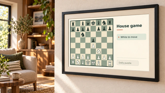 A photo frame on a wall showing the Chess puzzle page