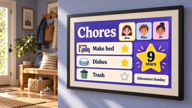 A photo frame on a wall showing the Chore chart page