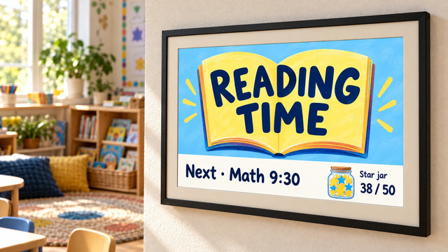 A photo frame on a wall showing the Classroom screen page