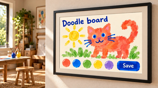 A photo frame on a wall showing the Doodle board page