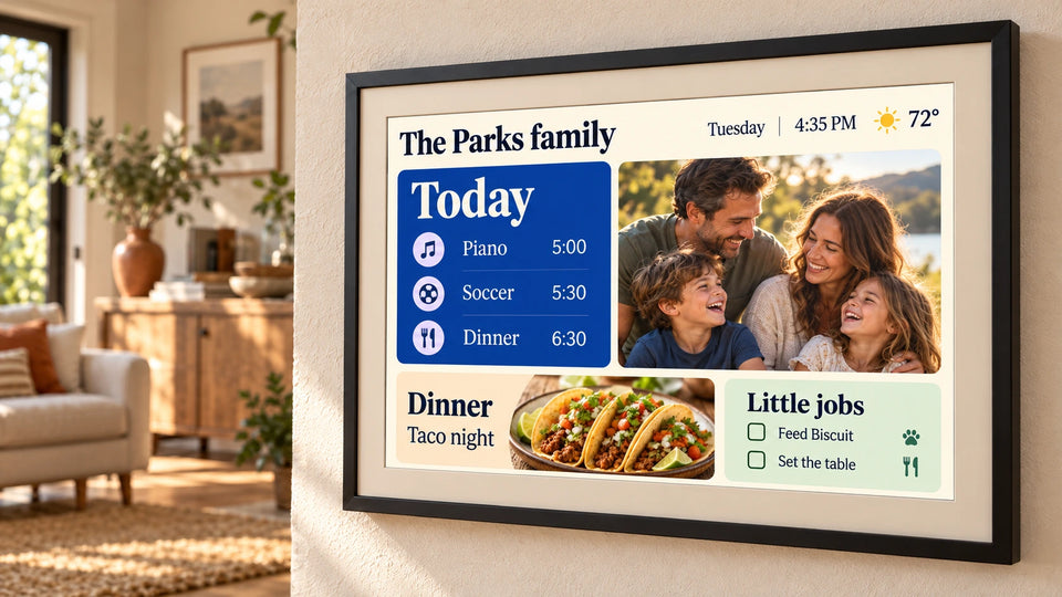 A photo frame on a living room wall showing the Parks family hub with today's plans, a family photo, dinner and little jobs