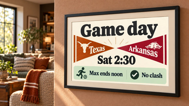 A photo frame on a wall showing the Game day page