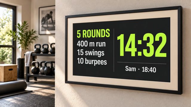 A photo frame on a wall showing the Gym board page