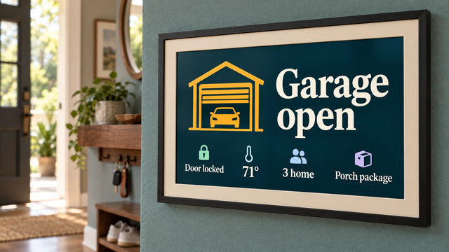 A photo frame on a wall showing the Home status page