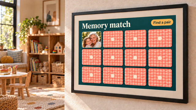 A photo frame on a wall showing the Memory match page