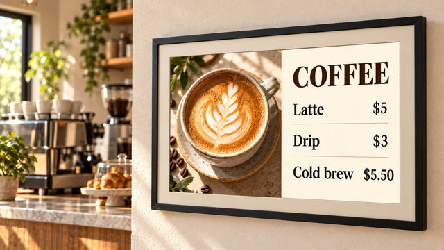 A photo frame on a wall showing the Menu board page