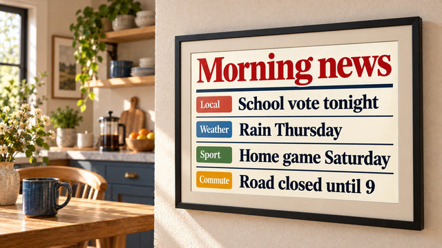 A photo frame on a wall showing the Morning news page