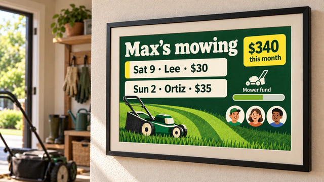 A photo frame on a wall showing the Mowing business page