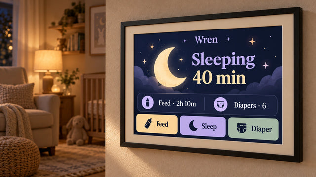 A photo frame on a wall showing the New baby log page