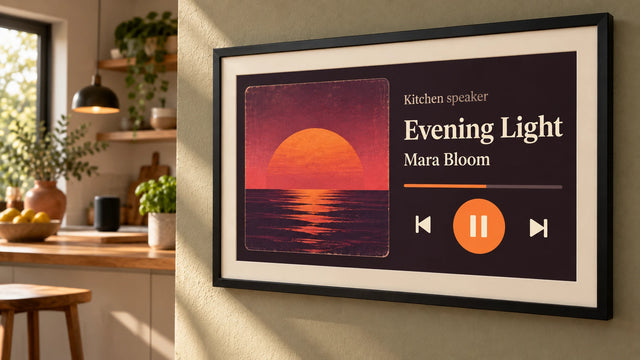 A photo frame on a wall showing the Now playing page
