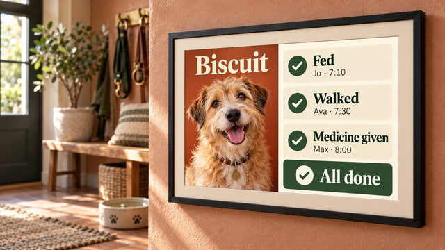 A photo frame on a wall showing the Pet board page