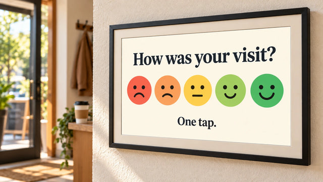 A photo frame on a wall showing the Quick review page