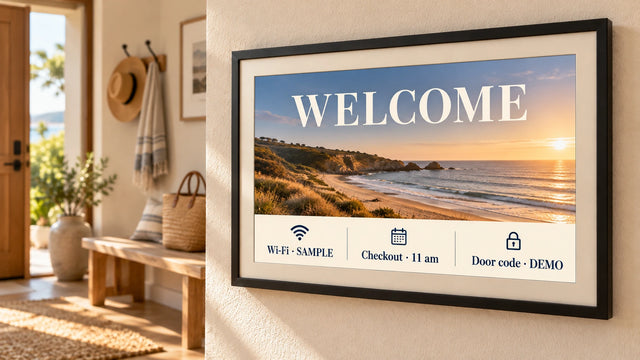 A photo frame on a wall showing the Rental welcome page