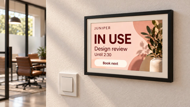 A photo frame on a wall showing the Room sign page
