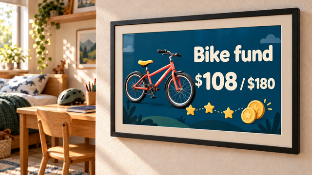 A photo frame on a wall showing the Savings jar page
