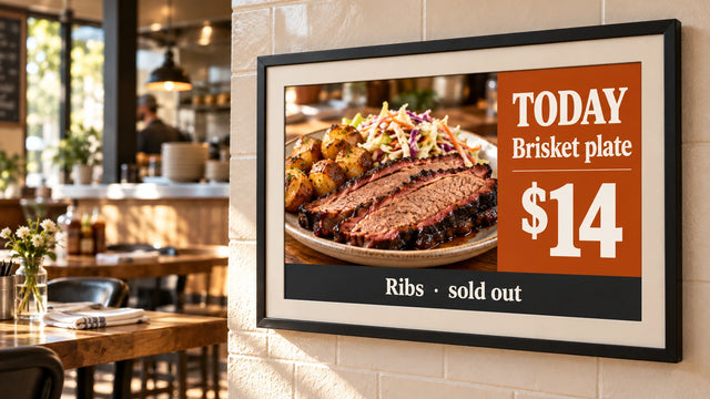 A photo frame on a wall showing the Specials board page