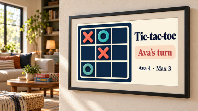 A photo frame on a wall showing the Tic-tac-toe page