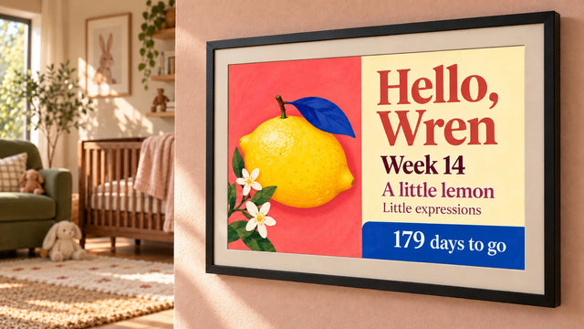 A photo frame on a wall showing the Waiting for baby page