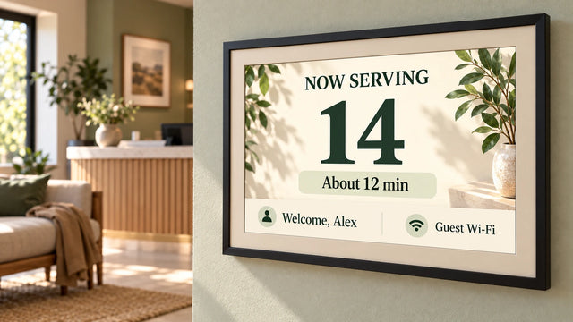 A photo frame on a wall showing the Waiting room page